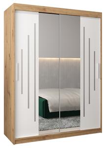 Šatní skříň s posuvnými dveřmi a dvoudílným zrcadlem YORK1 - 150x200cm -Dub Artisan-Bílá-
