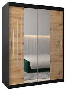 Šatní skříň s posuvnými dveřmi a dvoudílným zrcadlem YORK1 - 150x200cm -Černá-Dub Artisan-