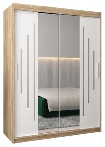 Šatní skříň s posuvnými dveřmi a dvoudílným zrcadlem YORK1 - 150x200cm -Dub Sonoma-Bílá-
