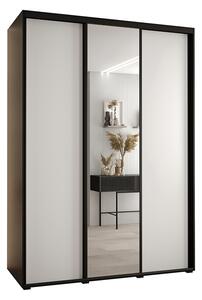 Šatní skříň s posuvnými dveřmi a zrcadlem DAVOS 170cm | Černá / bílá / černé pojezdy