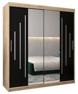 Šatní skříň s posuvnými dveřmi a dvoudílným zrcadlem YORK1 - 180x200cm -Dub Sonoma-Černá-