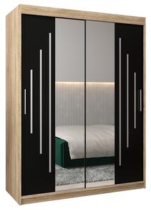 Šatní skříň s posuvnými dveřmi a dvoudílným zrcadlem YORK1 - 150x200cm -Dub Sonoma-Černá-