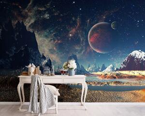 Fototapeta Krajina hor a vody s planetami a hvězdami, Designové fototapety na zeď, Populární fototapety, u55303 - Tapeko.co.cz