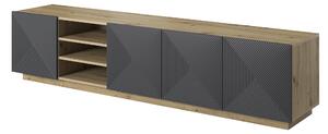 TV stolek Asha 200 cm s drážkovanými dvířky a otevřenou přihrádkou - dub artisan / rivier stone mat