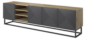 TV stolek Asha 200 cm s drážkovaným čelem a kovovým rámem - dub artisan / rivier stone mat