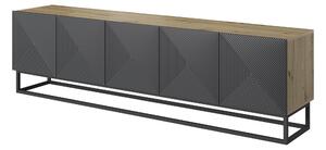 TV stolek Asha 200 cm s rýhovaným čelem a kovovým rámem - dub artisan / rivier stone mat