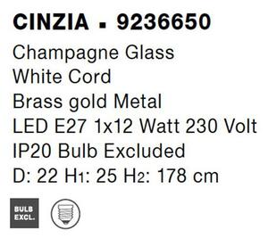Nova Luce Závěsné svítidlo CINZIA šampaň sklo bílá kabel mosazný zlatý kov E27 1x12W