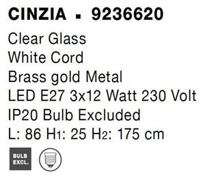 Nova Luce Závěsné svítidlo CINZIA čiré sklo bílá kabel mosazný zlatý kov E27 3x12W