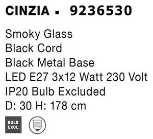 Nova Luce Závěsné svítidlo CINZIA kouřové sklo černý kabel černá kovová základna E27 3x12W