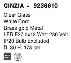 Nova Luce Závěsné svítidlo CINZIA čiré sklo bílá kabel mosazný zlatý kov E27 3x12W