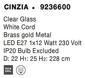 Nova Luce Závěsné svítidlo CINZIA čiré sklo bílá kabel mosazný zlatý kov E27 1x12W