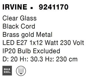 Nova Luce Závěsné svítidlo IRVINE čiré sklo černý kabel mosazný zlatý kov E27 1x12W