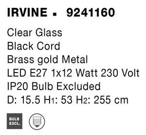 Nova Luce Závěsné svítidlo IRVINE čiré sklo černý kabel mosazný zlatý kov E27 1x12W