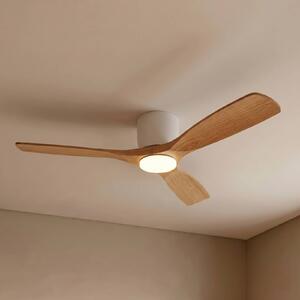 Lucande Smart LED stropní ventilátor Moneno, bílá/dřevo, Tuya, stmívatelný, Světlé dřevo, Obývací pokoj / jídelna, kov, Moderní