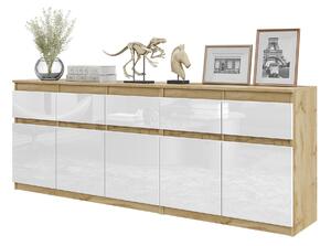 Komoda NOAH Dub Wotan / Bílý Lesk – Velká Komoda do Ložnice s 5 Zásuvkami a 5 Dvířky, Set Komod Š200 x V75 x H35 cm