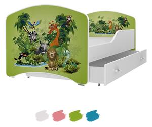 Dětská postel IGOR s motivem ZVÍŘÁTKA V PRALESE včetně úložného prostoru