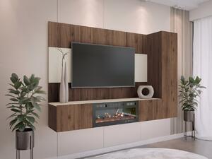 Obývací stěna s krbem Cypria VI, Barvy: ořech okapi / ořech okapi + travertín 5903211533808
