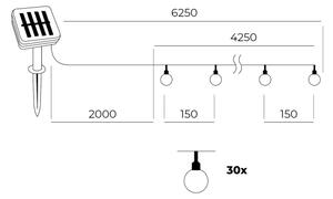 LED Solární řetěz 30xLED/0,12W/1,2V 1xAA 3000K IP44 400 mAh