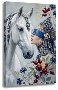 Obraz ženy s bílým koněm na plátně – s ručně malovanými detaily - 40x60 cm