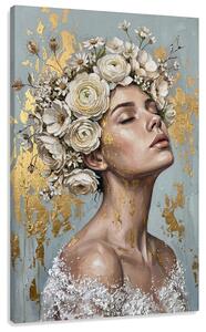 Obraz ženy s květinovou korunou na plátně – s ručně malovanými detaily - 40x60 cm