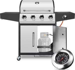 Plynový gril BBQ 5 v 1 - stíbrný - 4,1 hoák s boním grilem - termostat a odkapávací miska na olej