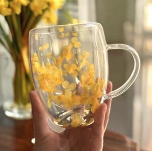 JAKS Dvoustěnná termo sklenice s květy uvnitř 300 ml Yelly