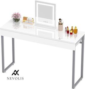 Nevolis, psací stůl s úložným prostorem, bílý, lesklý, moderní, pro domácí kancelář, počítačový stůl, toaletní stolek, kovové nohy stříbrné barvy, vhodný do malých prostor, nábytek do ložnice