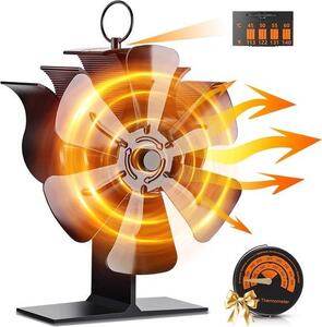 Ventilátor pro kamna – černý – vylepšená verze s 5 lopatkami – tichý a účinný – určený pro kamna na dřevo