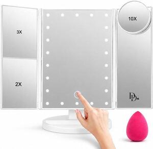 Skládací kosmetický zrcadlo s LED osvětlením – bílá barva – rozměry 34,5 x 27,5 cm – se 3 dvířky a 10x zvětšením – vhodné pro líčení a péči o pleť
