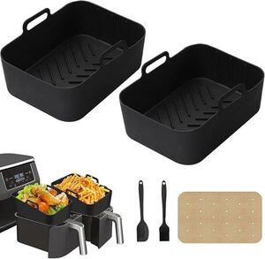 2 kusy silikonových podložek do fritézy – opakovaně použitelné podložky – snadné čištění, obdélníkové formy – příslušenství k fritéze, včetně silikonové stěrky, silikonového kartáče a 150 kusů pečicího papíru
