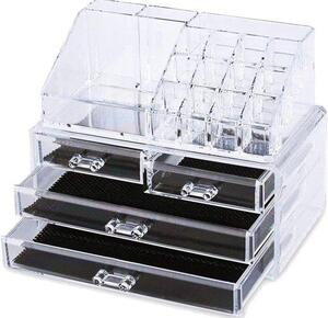 Organizér na make-up – průhledný – 13,5 x 24 x 19 cm – akryl, 4 zásuvky a přihrádky – určený pro make-up