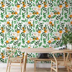 Fototapety Oranžový vzor, design tapety s listy a ovocem, Fototapety food, u94333 : uwalls.cz
