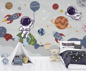Fototapeta Kreslený astronaut ve vesmíru s planetami a raketou letící na obloze, Dětské fototapety, Populární fototapety, u94476 - Tapeko.co.cz
