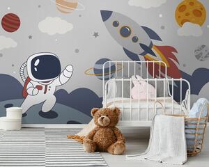 Fototapeta Kreslený film astronauta kráčejícího po planetě s raketou na obloze, Dětské fototapety, Populární fototapety, u95706 - Tapeko.co.cz