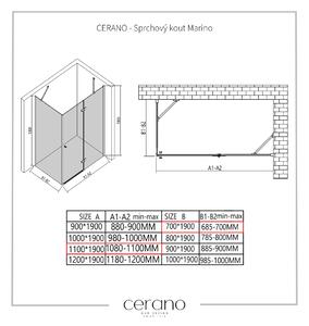 Cerano Marino, sprchový kout 110(dveře) x 70(stěna) x 190 cm, 6mm čiré sklo, černý profil, CER-CER-422883