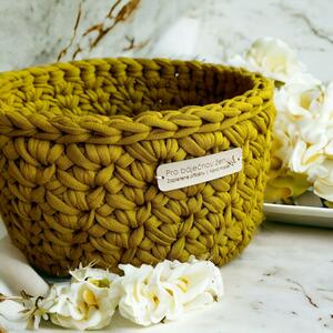 Kruhový háčkovaný košík Pro báječnou ženu / teplé barvy Název: Golden Olive