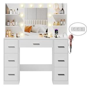 Velký toaletní stolek s LED osvětlením, nastavitelnou intenzitou, zrcadlem, 7 zásuvkami, zásuvkou, 4 policemi, moderní design, vhodný do ložnice (bílá barva)