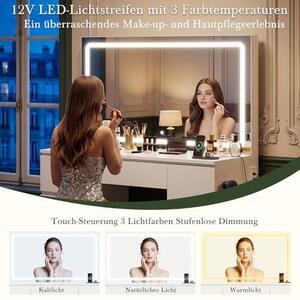 Kosmetický stolek s osvětlením a stoličkou, rozměry 115 cm. Stolek má zrcadlo, 7 zásuvek a zásuvku. Moderní toaletní stolek s LED osvětlením. Kosmetický stolek se židlí, bílá barva