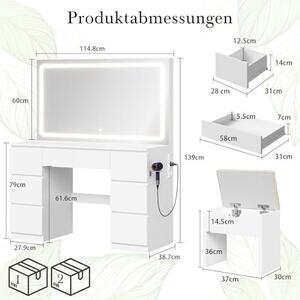 Kosmetický stolek s osvětlením a stoličkou, rozměry 115 cm. Stolek má zrcadlo, 7 zásuvek a zásuvku. Moderní toaletní stolek s LED osvětlením. Kosmetický stolek se židlí, bílá barva