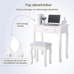 Toaletní stolek se zrcadlem, kosmetický stolek s taburetkou a zásuvkami, toaletní stolek s odnímatelnou horní deskou, komoda jako toaletní stolek (bílá)