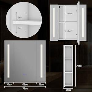 Zrcadlová skříňka do koupelny s LED osvětlením, rozměry 70x16x70 cm, koupelnová skříňka s policí a dveřmi, skříňka do koupelny se zrcadlem s LED osvětlením, bez mlhy, 3 barvy, stmívatelné, nástěnná skříňka se zrcadlem, barva: bílá