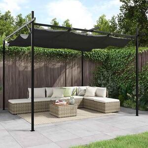 Pergola se stříškou, antracitová barva, rozměry 295x292x230 cm. Stabilní konstrukce z ocelového rámu s práškovým nástřikem a hliníkových prvků. Střecha z polyesterové tkaniny s PA (polyamid) povrchem. Nastavitelná