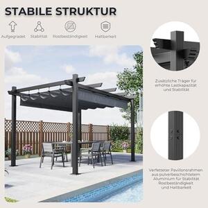 Hliníková pergola se sklopnou střechou, s nastavitelnou stínící plochou, UV ochranou 50+, pavilon 3x4, vodotěsný, stabilní, vhodný i pro zimu, kovový grilovací pavilon pro zahrady a terasy, šedá barva