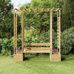 Zahradní pergola s lavičkou, květináči, stříškou. Krytí terasy, altán, ochrana proti slunci pro terasu, krytí terasy, krytí balkonu. Odolné vůči povětrnostním vlivům, vyrobeno z impregnovaného borového dřeva