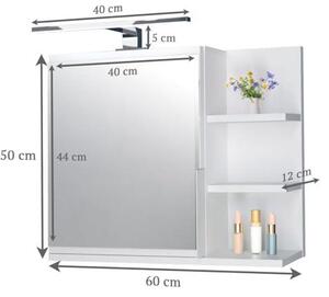 Zrcadlová skříňka 60x50 cm, bílá, koupelnová skříňka s policemi, koupelnové zrcadlo, nástěnná skříňka s LED osvětlením - pravá strana