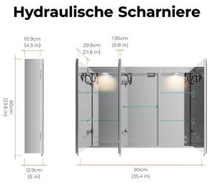 Zrcadlová skříňka do koupelny, 90x65 cm, s LED osvětlením, 3 dveře, s Bluetooth, dotykovým spínačem, funkcí proti zamlžování a zásuvkou (stříbrná)