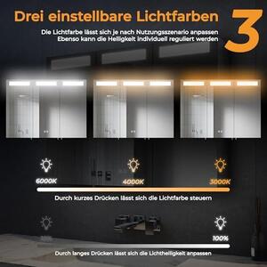 Zrcadlová skříňka do koupelny, 90x65 cm, s LED osvětlením, 3 dveře, s Bluetooth, dotykovým spínačem, funkcí proti zamlžování a zásuvkou (stříbrná)