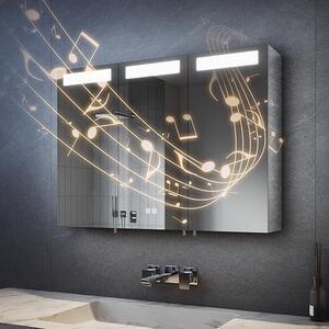 Zrcadlová skříňka do koupelny, 90x65 cm, s LED osvětlením, 3 dveře, s Bluetooth, dotykovým spínačem, funkcí proti zamlžování a zásuvkou (stříbrná)