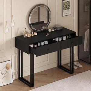 Moderní toaletní stolek se zrcadlem a LED osvětlením, s 3 teplotami barev a stmíváním, 2 zásuvkami, vhodný do ložnice, barva: černá, konstrukce a nožky černé