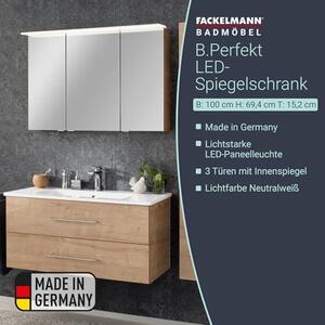 B.PERFEKT, LED zrcadlová skříňka, 100 cm, Imitace dub AST, světle hnědá barva, energeticky úsporné LED osvětlení, rozměry: 100 x 69,4 x 15,2 cm